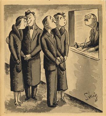 WILLIAM STEIG. Two couples registering at hotel.